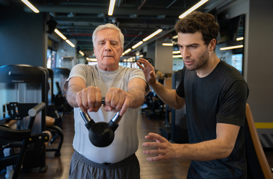Un homme âgé s'entraîne avec Kettlebell