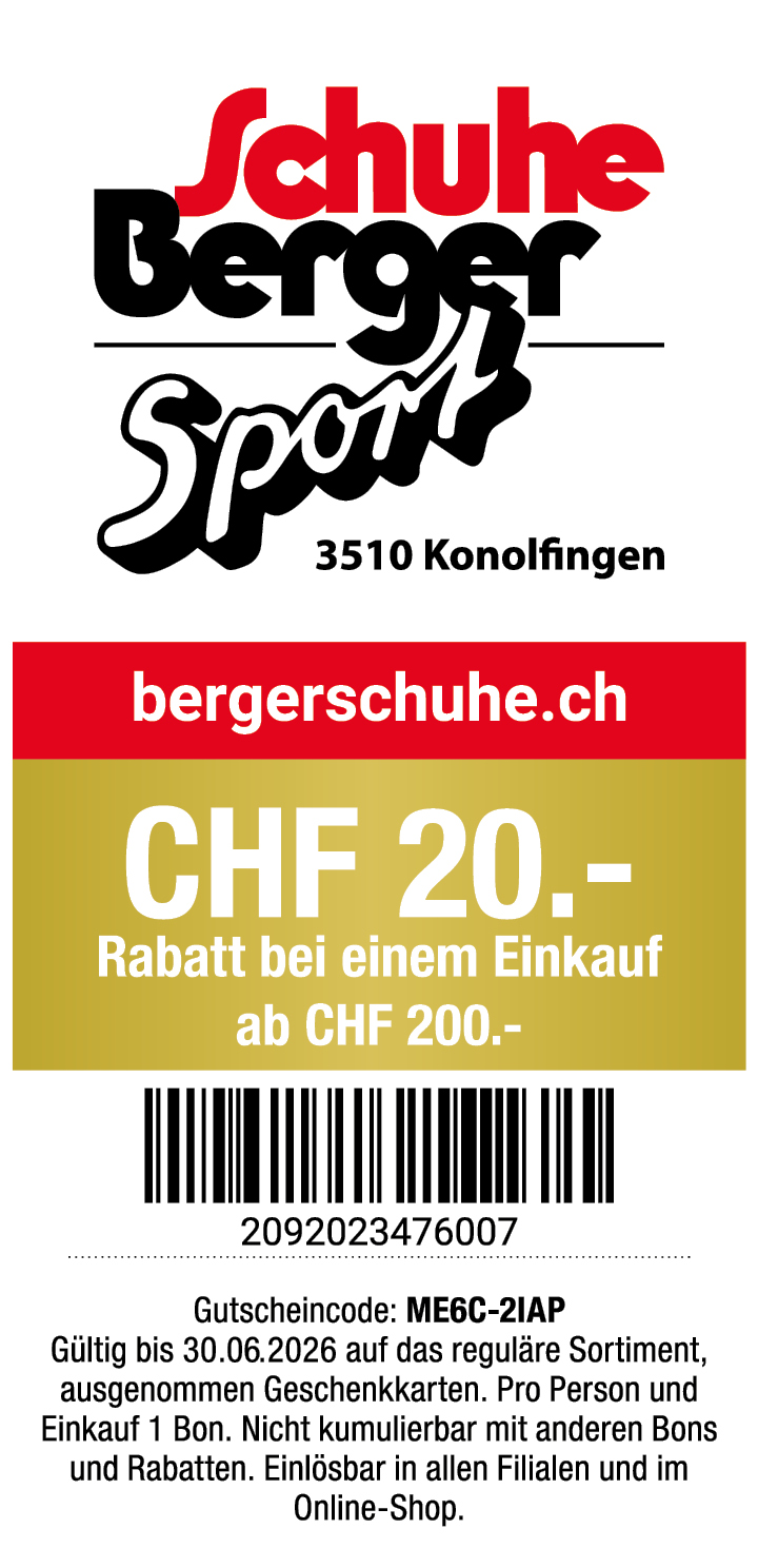 Gutschein: CHF 20.- Rabatt bei einem Einkauf ab CHF 200.- bei bergerschuhe.ch