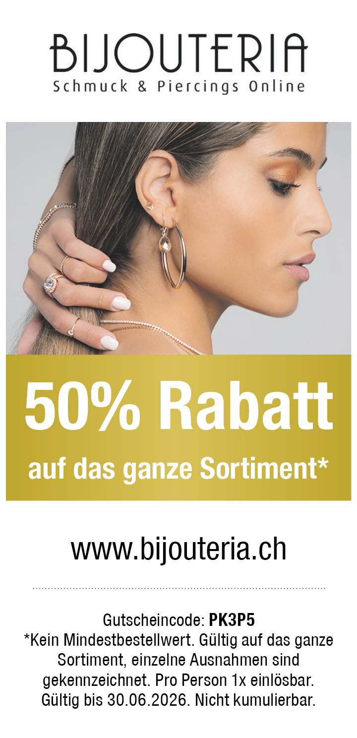 Gutschein: Sie erhalten 50% Rabatt auf das gesamte Sortiment bei bijouteria.ch
