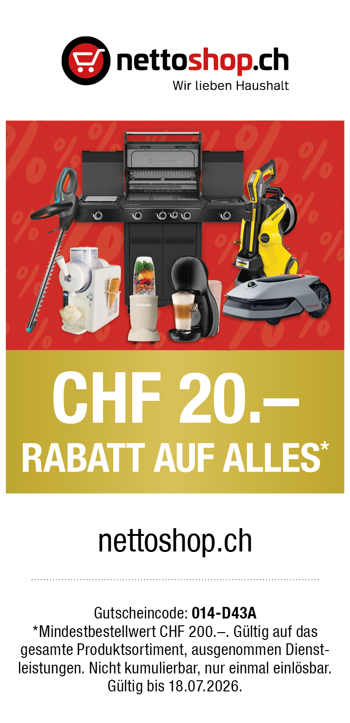 Gutschein: CHF 20.- Rabatt ab einem Einkaufswert von CHF 200.- bei nettoshop.ch