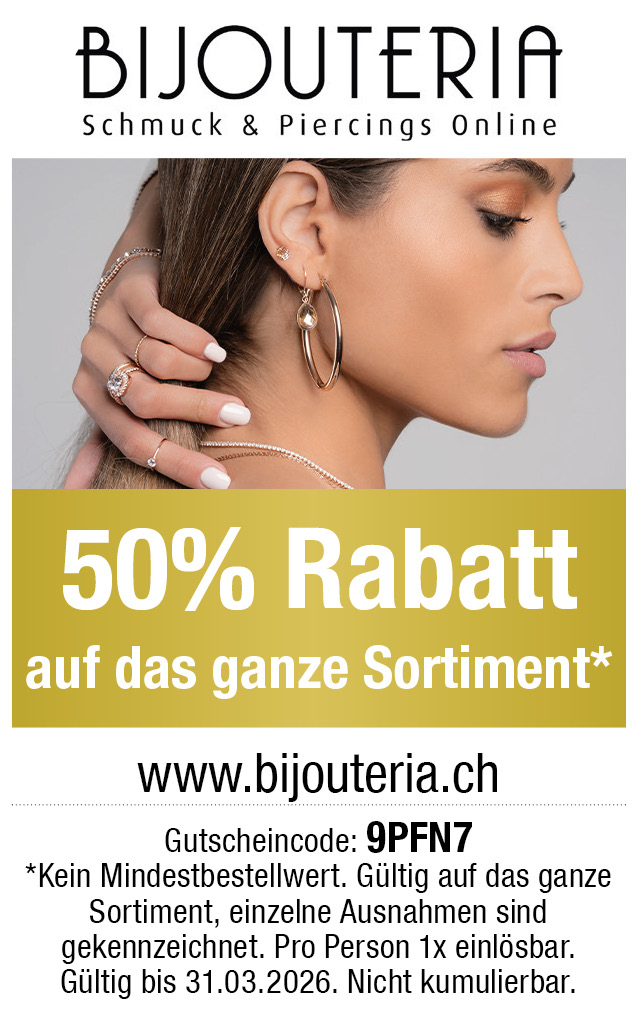 Gutschein: Sie erhalten 50% Rabatt auf das gesamte Sortiment bei bijouteria.ch