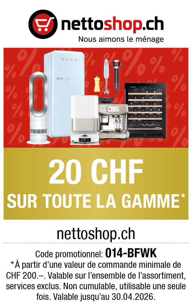 Bon: Vous recevez CHF 20.- de rabais à partir de CHF 200.- d'achats chez nettoshop.ch