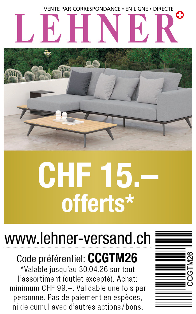 Bon: Vous bénéficiez chez lehner-versand de CHF 15.- de réduction sur tout l'assortiment. Commande minimum CHF 99.-
