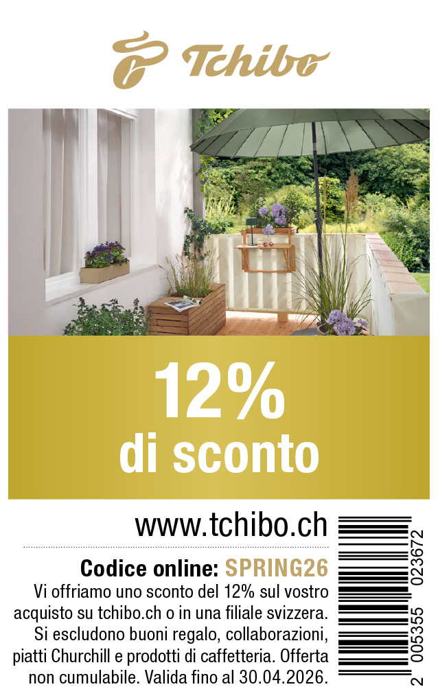 Buono: Vi offriamo uno sconto di 12% sul vostro acquisto su tchibo.ch o in una filiale svizzera. Si escludono buoni regalo, collaborazioni, piatti Churchill e prodotti di caffetteria.
