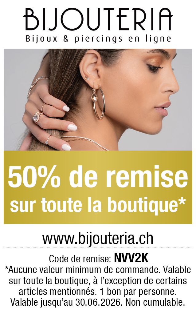 Bon: Vous bénéficiez de 50% de remise sur toute la boutique chez bijouteria.ch