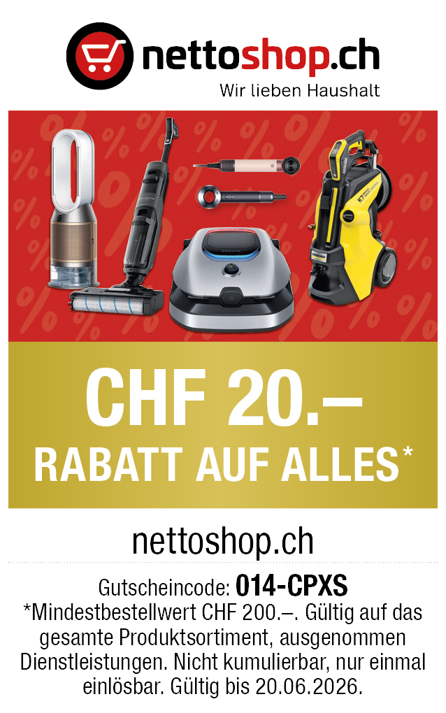 Gutschein: CHF 10.- Rabatt ab einem Einkaufswert von CHF 20.- bei nettoshop.ch
