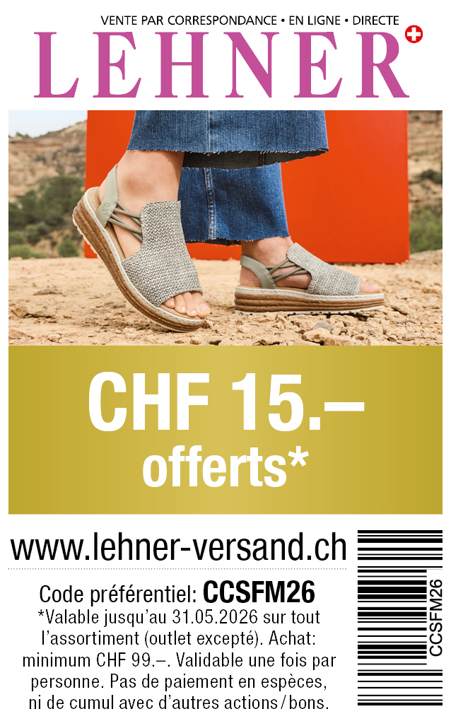Bon: Vous bénéficiez chez lehner-versand de CHF 15.- de réduction sur tout l'assortiment. Commande minimum CHF 99.-
