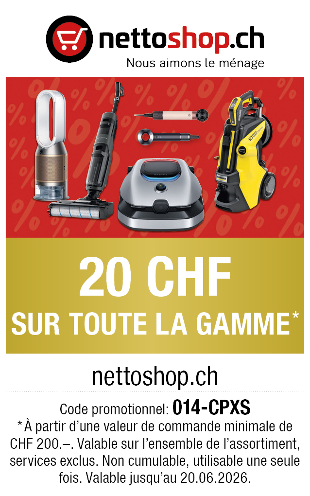 Bon: Vous recevez CHF 20.- de rabais à partir de CHF 200.- d'achats chez nettoshop.ch