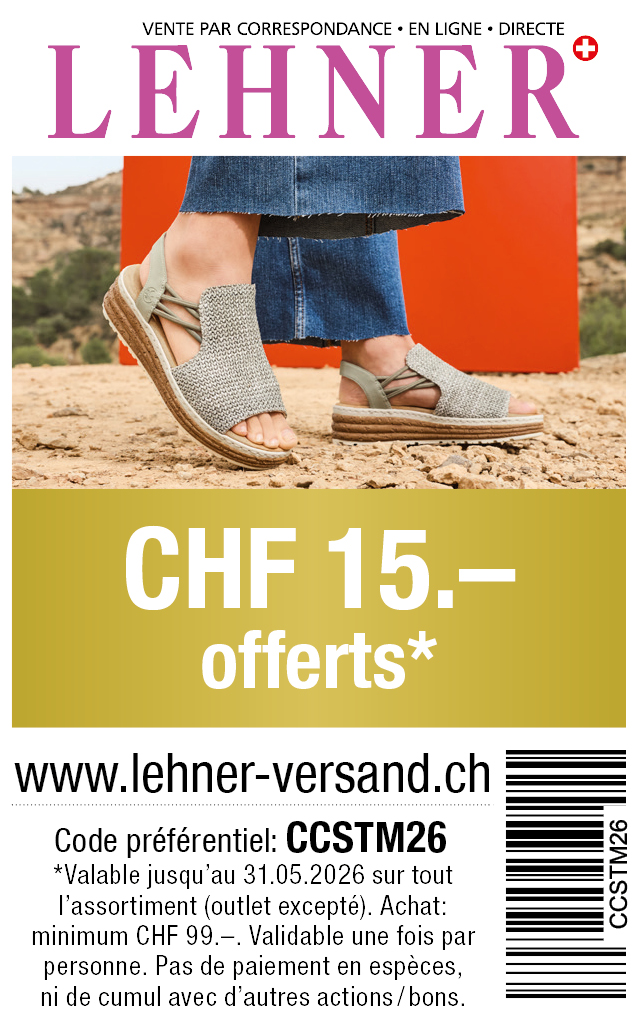 Bon: Vous bénéficiez chez lehner-versand de CHF 15.- de réduction sur tout l'assortiment. Commande minimum CHF 99.-
