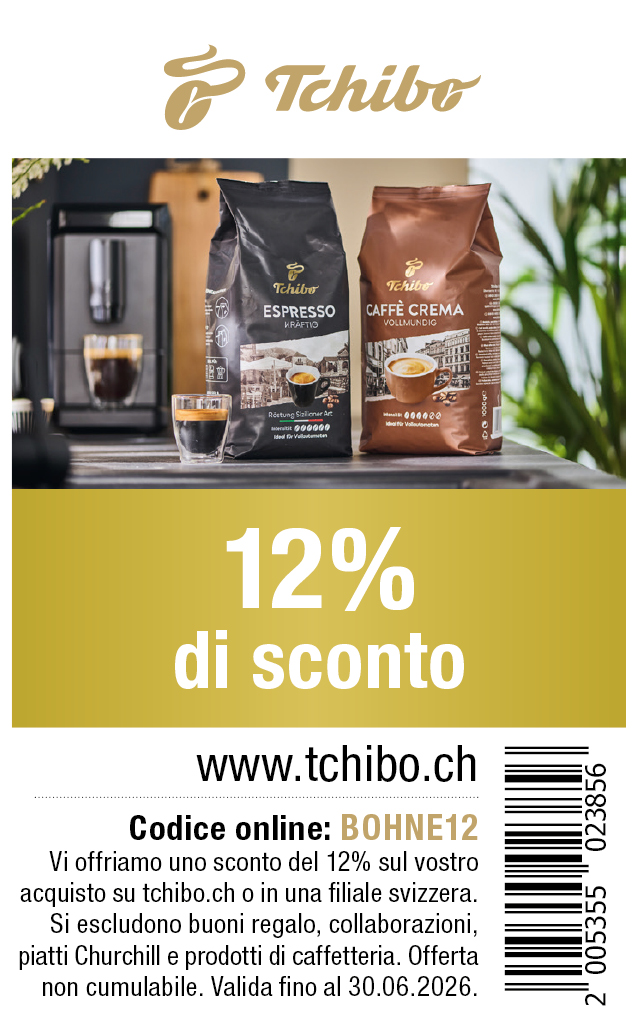 Buono: Vi offriamo uno sconto di 12% sul vostro acquisto su tchibo.ch o in una filiale svizzera. Si escludono buoni regalo, collaborazioni, piatti Churchill e prodotti di caffetteria.