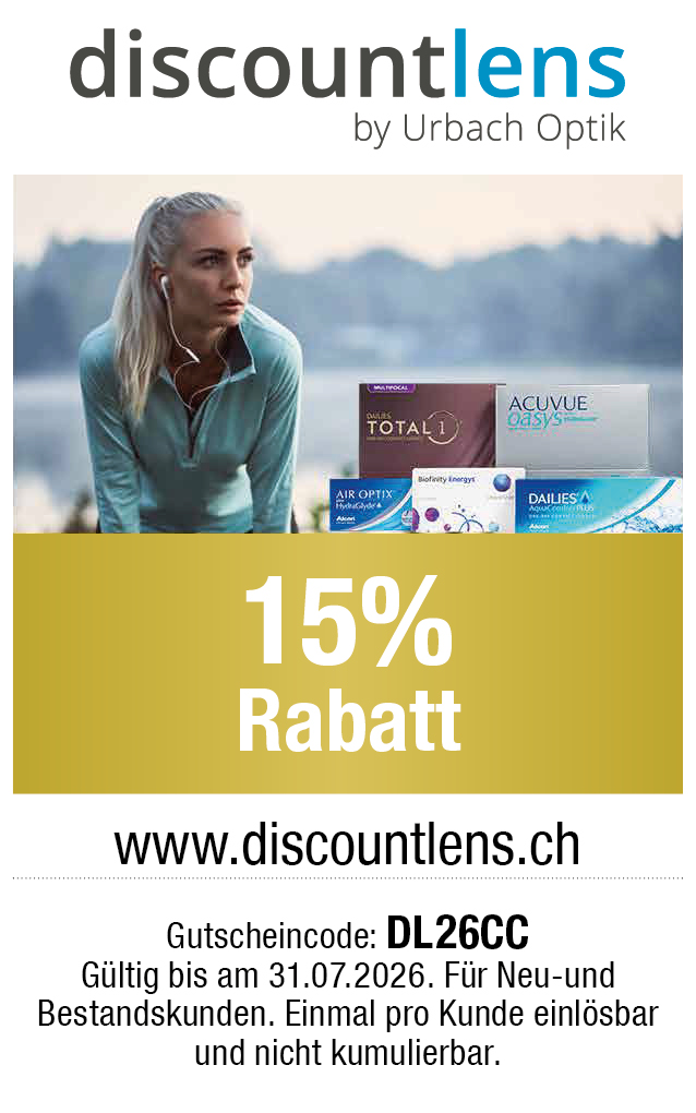 Gutschein: 15%  Rabatt auf alles bei discountlens.ch