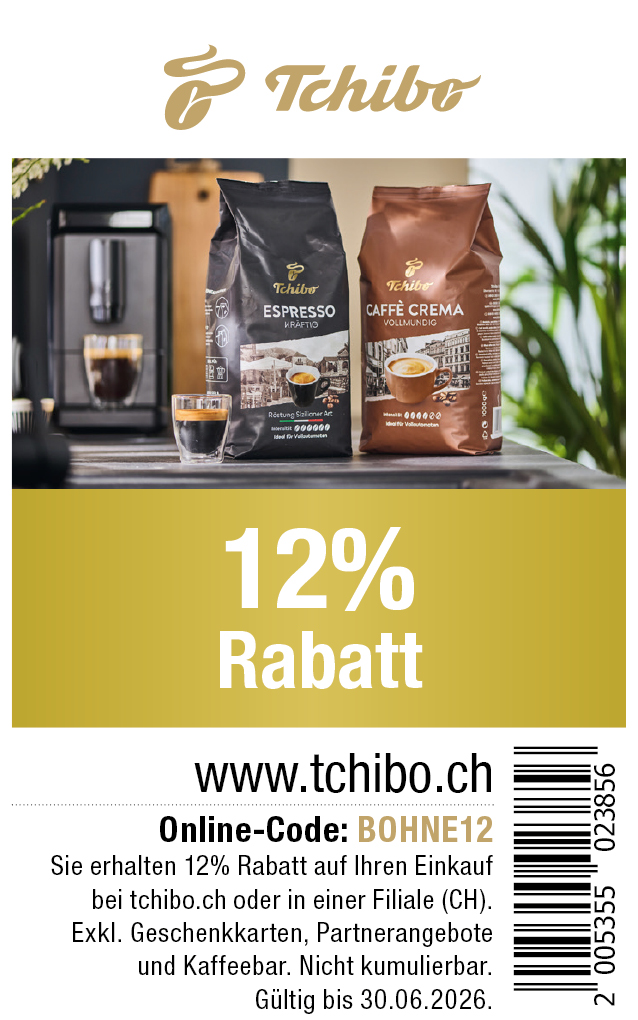 Gutschein: Sie erhalten 12% Rabatt auf Ihren Einkauf bei tchibo.ch