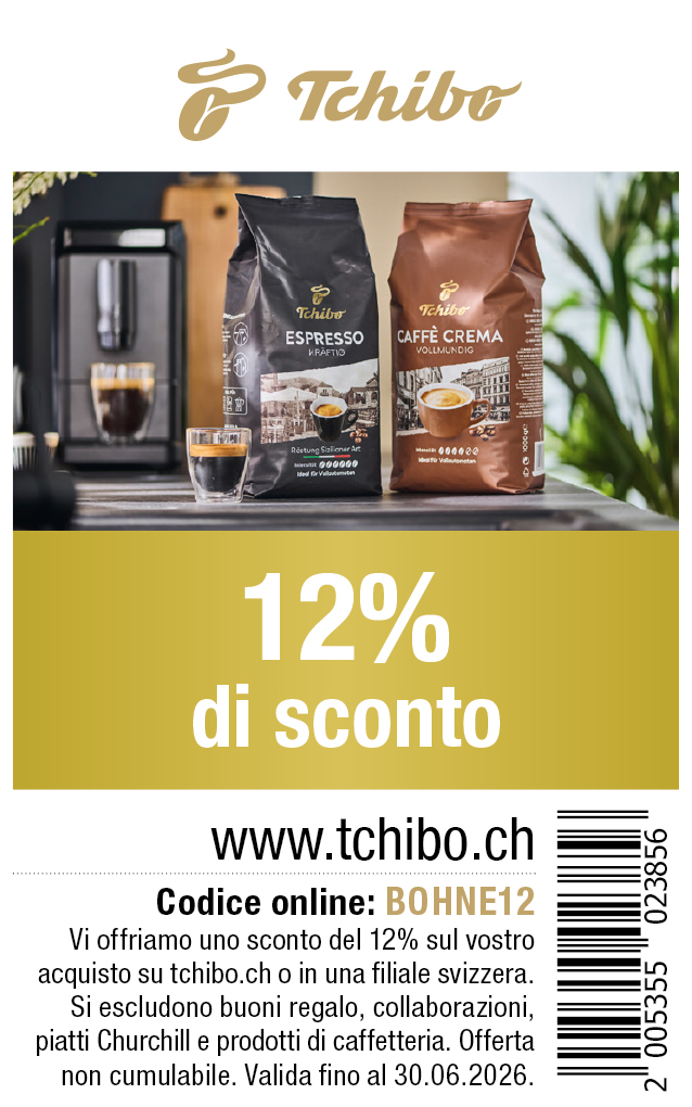 Buono: Vi offriamo uno sconto di 12% sul vostro acquisto su tchibo.ch o in una filiale svizzera. Si escludono buoni regalo, collaborazioni, piatti Churchill e prodotti di caffetteria.
