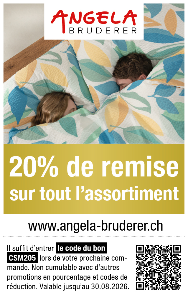 Vous obtenez 20% de rabais sur tout l'assortiment de angela-bruderer.ch