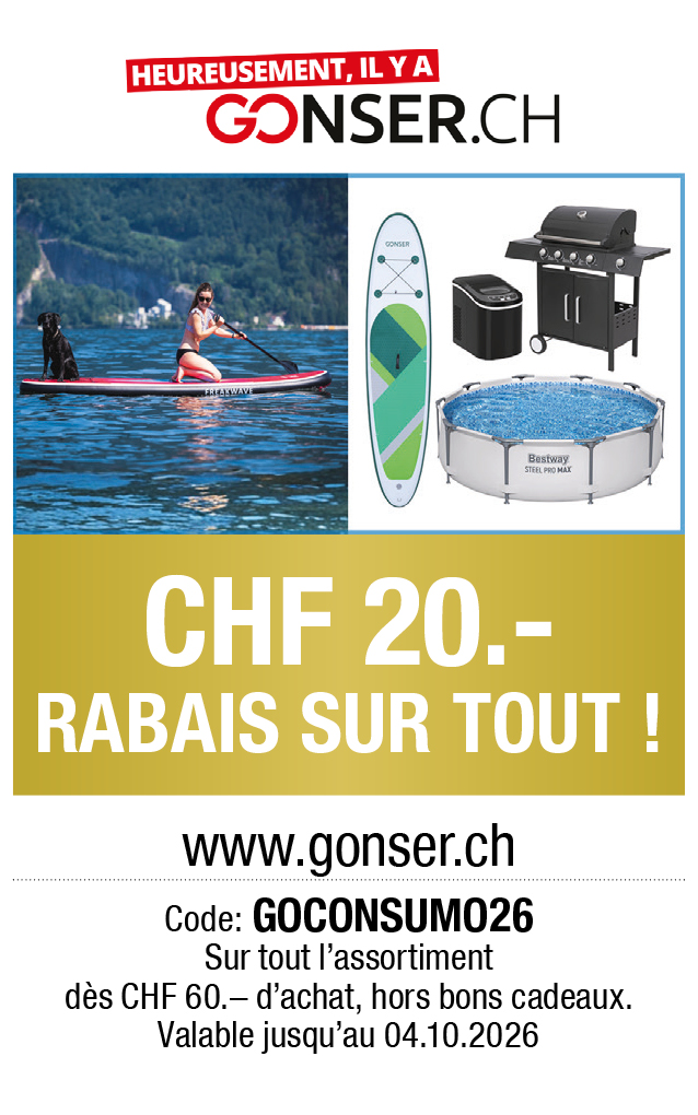 Bon: CHF 20.– de réduction sur tout – Bon GONSER.ch