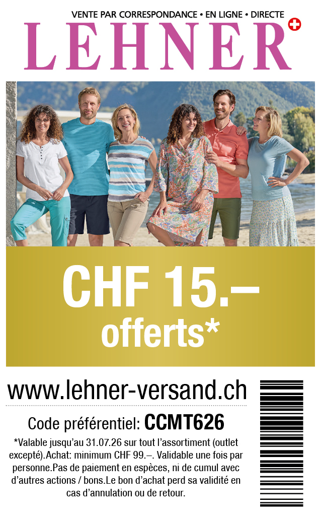 Bon: Vous bénéficiez chez lehner-versand de CHF 15.- de réduction sur tout l'assortiment. Commande minimum CHF 99.-