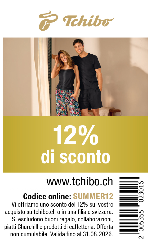 Buono: Vi offriamo uno sconto di 12% sul vostro acquisto su tchibo.ch o in una filiale svizzera. Si escludono buoni regalo, collaborazioni, piatti Churchill e prodotti di caffetteria.