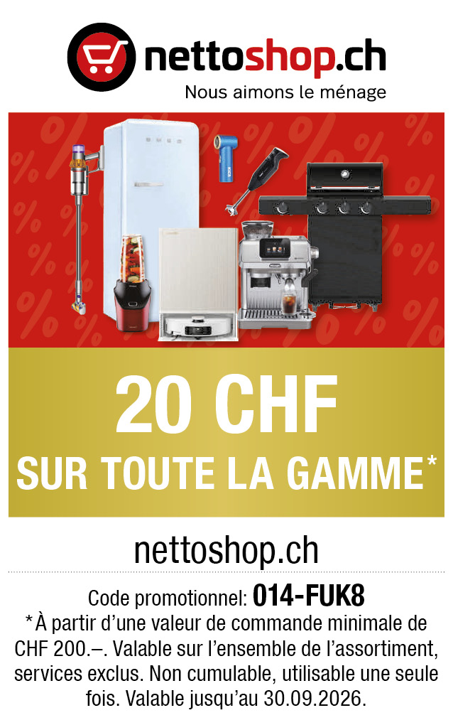 Bon: Vous recevez CHF 20.- de rabais à partir de CHF 200.- d'achats chez nettoshop.ch