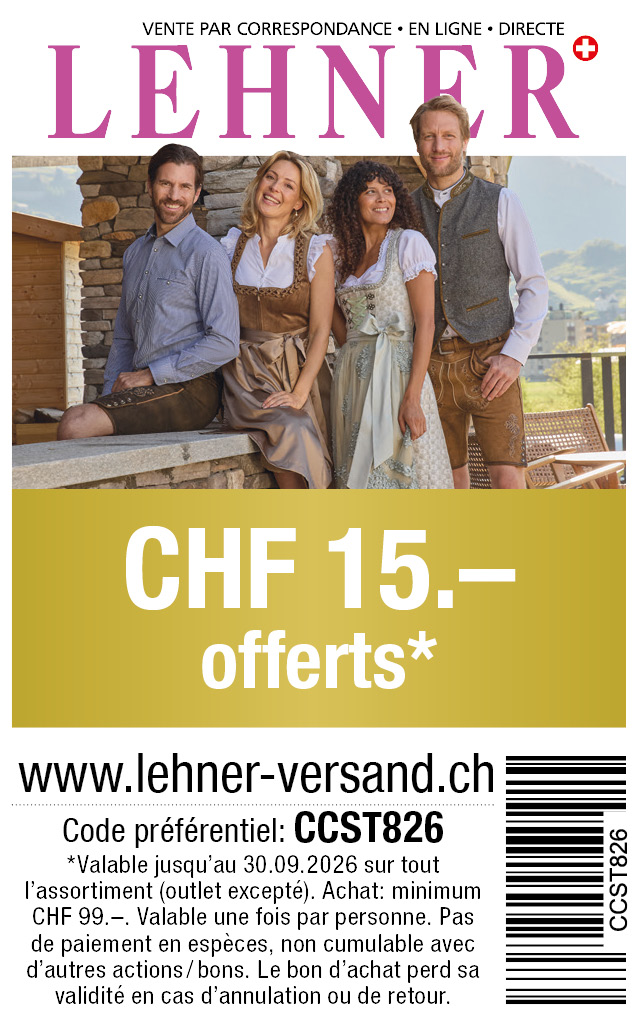 Bon: Vous bénéficiez chez lehner-versand de CHF 15.- de réduction sur tout l'assortiment. Commande minimum CHF 99.-