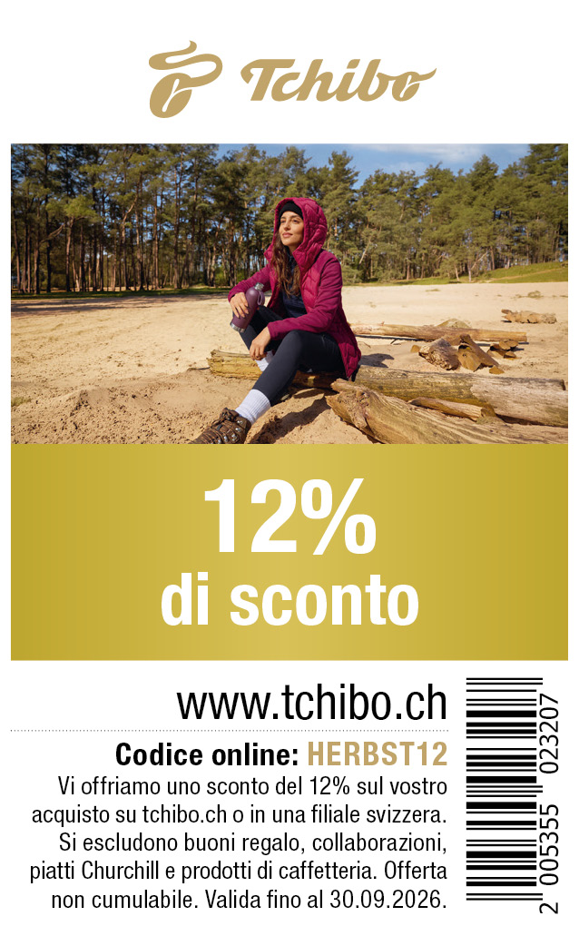 Buono: Vi offriamo uno sconto di 12% sul vostro acquisto su tchibo.ch o in una filiale svizzera. Si escludono buoni regalo, collaborazioni, piatti Churchill e prodotti di caffetteria.