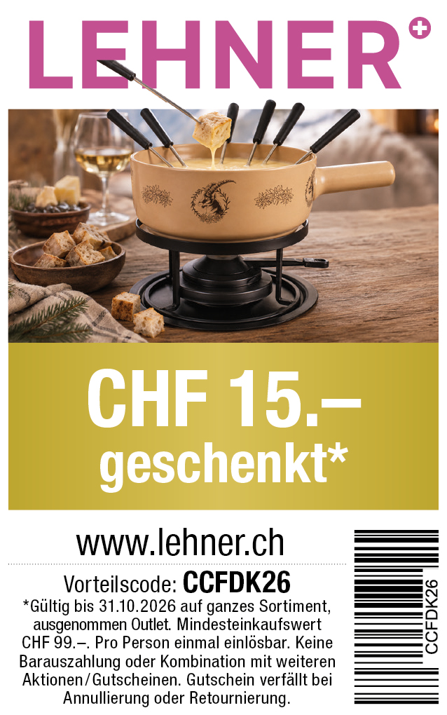 Gutschein: CHF 15.- Rabatt ab einem Einkauf von CHF 99.- bei Lehner-Versand