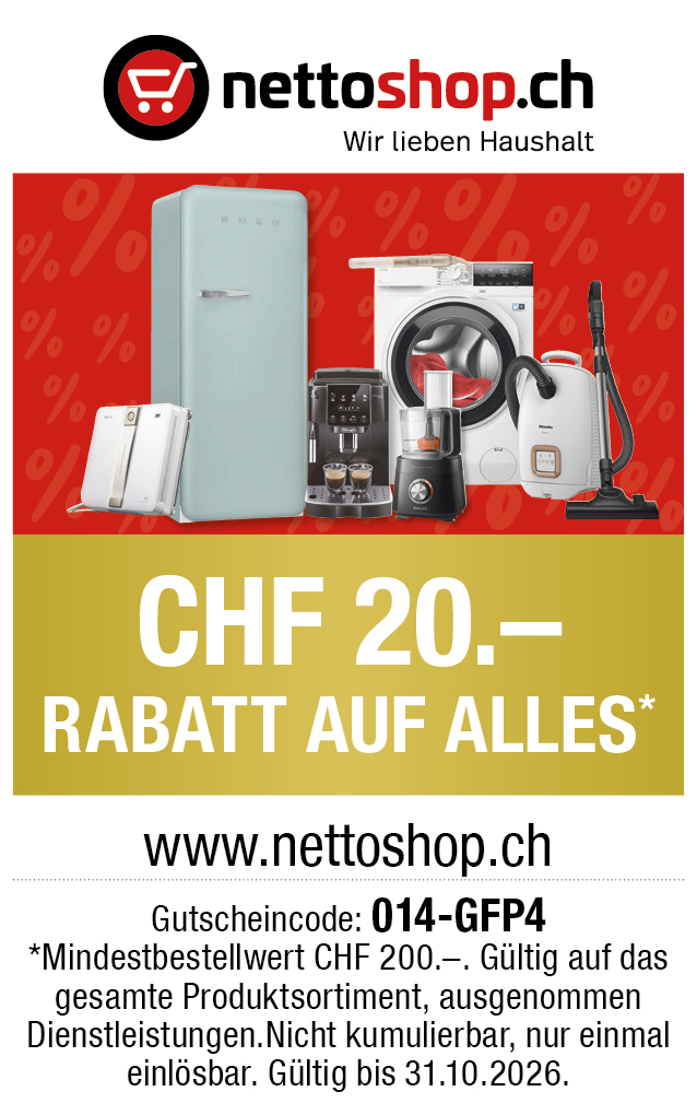 Gutschein: CHF 20.- Rabatt ab einem Einkaufswert von CHF 200.- bei nettoshop.ch