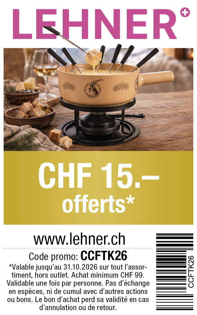 Bon: Vous bénéficiez chez lehner-versand de CHF 15.- de réduction sur tout l'assortiment. Commande minimum CHF 99.-