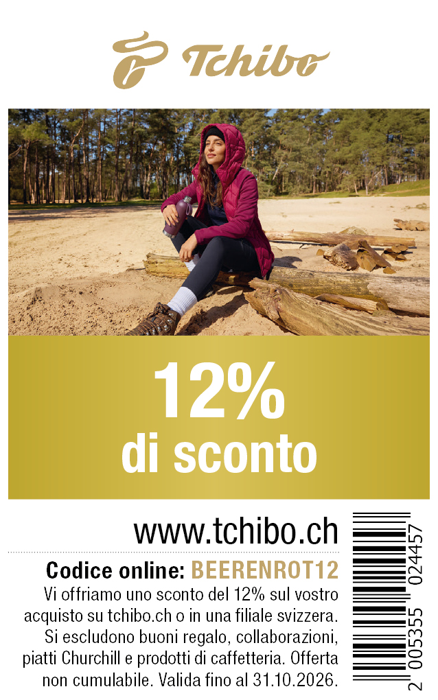 Buono: Vi offriamo uno sconto di 12% sul vostro acquisto su tchibo.ch o in una filiale svizzera. Si escludono buoni regalo, collaborazioni, piatti Churchill e prodotti di caffetteria.