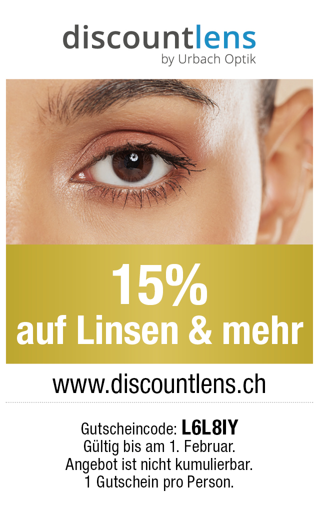Gutschein: 15%  Rabatt auf alles bei discountlens.ch