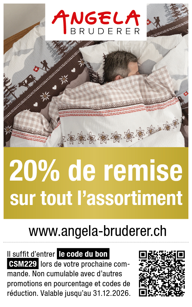 Vous obtenez 20% de rabais sur tout l'assortiment de angela-bruderer.ch