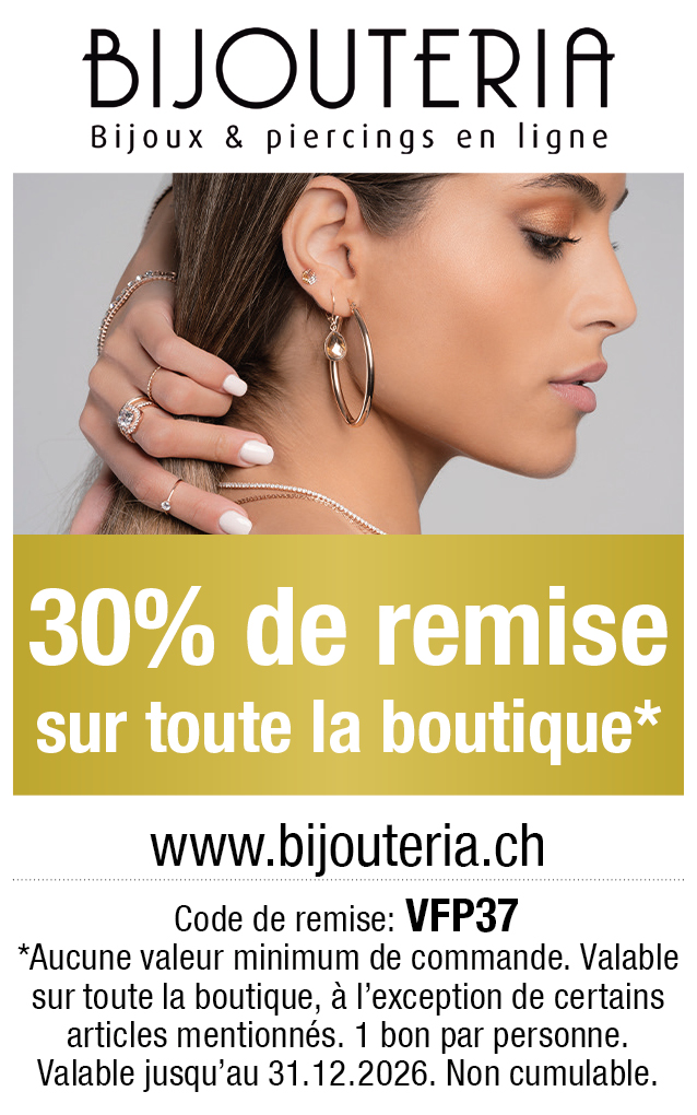 Bon: Vous bénéficiez de 30% de remise sur toute la boutique chez bijouteria.ch